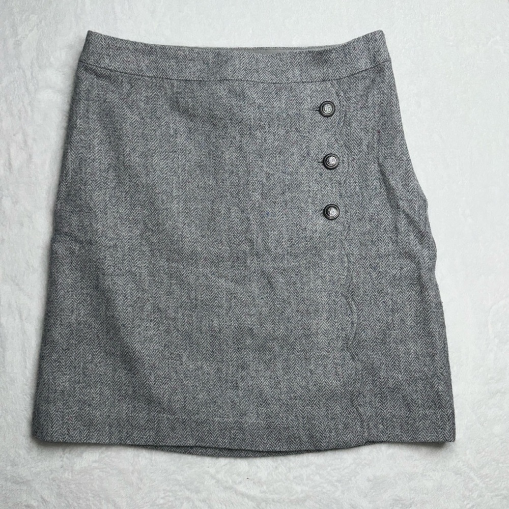 Talbots Grey Scalloped Button Front Skirt, Size 6 petite 6P herringbone wool